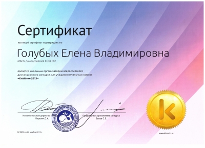 Сертификат организатора конкурса "Китенок-2013"